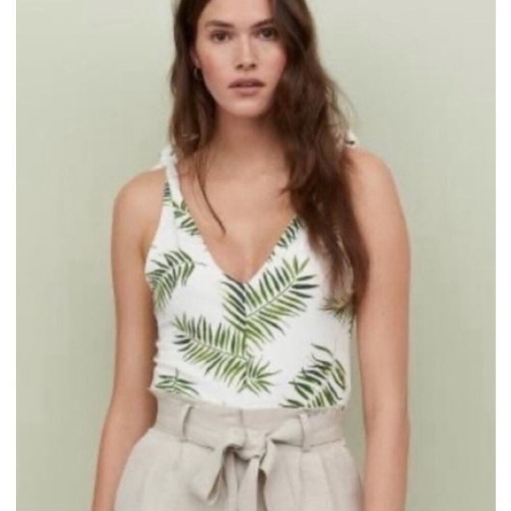 H&M Tropical Palm Leaf Print Knotted Sleeveless Tank Bodysuit XS Green White